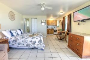 代托纳海滩Daytona Shores Inn and Suites的一间卧室设有一张床和一间客厅。