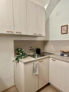 布拉迪斯拉发Apartment Lea - Old Town的厨房配有白色橱柜和水槽