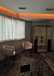 克卢日-纳波卡Hotel River Park的客厅配有两把椅子和一张桌子