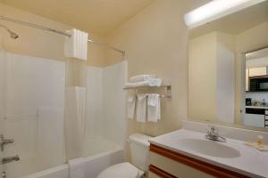 绿湾Days Inn & Suites by Wyndham Green Bay WI的一间带水槽、卫生间和淋浴的浴室