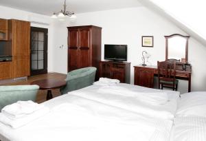 捷克特热博瓦Pivovar a restaurace Faltus的一间卧室配有一张床、一张书桌和一台电视。