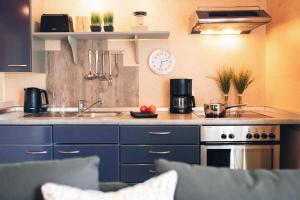 博尔库姆Haus Jelena Appartement 5的厨房配有蓝色橱柜、水槽和时钟