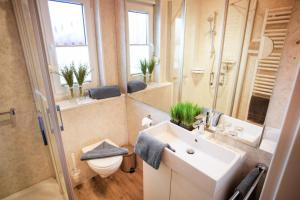 博尔库姆Haus Jelena Appartement 5的一间带水槽、卫生间和镜子的浴室
