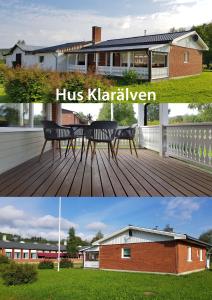 StölletHus Klarälven的两幅房子的照片和甲板上的长凳
