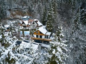 戈德马图杰克Hiša Zima的雪覆盖的房子的空中景色