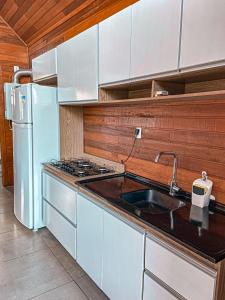 本图贡萨尔维斯Vale dos Imigrantes的厨房配有水槽和白色冰箱