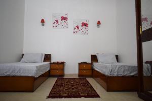 阿布辛贝Kony Nubian Guest House的一间设有两张床的房间和一张地毯