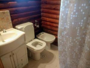 Los ÁrbolesCABAÑA EN EL MANZANO HISTORICO的浴室设有卫生间、水槽和淋浴帘