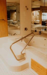 华莱士华莱士宾馆的带浴缸的浴室和大镜子