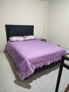 麦德林HOGAR DEL VIAJERO的床上有紫色的被子