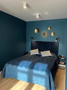 罗兹旅行之家酒店的蓝色的卧室设有一张蓝色墙壁的大床
