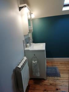 La Mothe-Saint-HérayThunder Roadhouse的浴室设有白色水槽和蓝色的墙壁