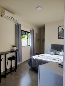 巴拉奈里奥-坎布里乌Morada Stucchi的一间卧室配有一张床、一张书桌和一个窗户。