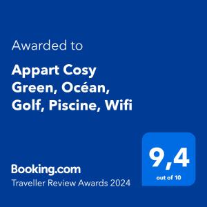 莫列马阿Appart Cosy Green, Océan, Golf, Piscine, Wifi的手机的屏幕,文字升级到令人惊叹的绿色海洋