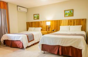 佩诺诺梅Hotel Guacamaya的一间酒店客房,房间内设有两张床