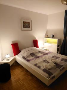 Haut-VullyMaison Champperbou的一间卧室配有一张带红色枕头的大床