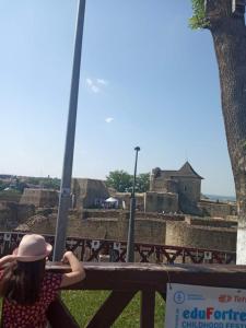 坎普朗莫道尼斯Casa Cristian的坐在长椅上看着城堡的女人