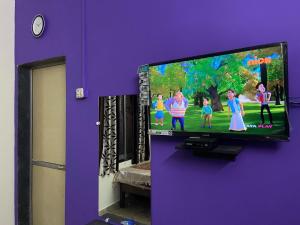 马尔万Royal Devbaug Holiday Home的紫色墙上的电视,上面有卡通