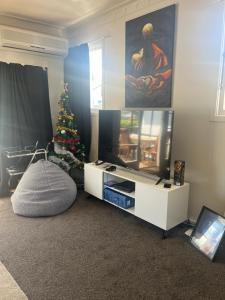 因弗卡吉尔Double bed room in Invercagill/5mini walk to city的一间带电视和圣诞树的客厅