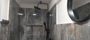 SněžnéApartmány Javorek的浴室设有淋浴,墙上装有镜子