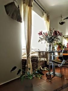 SedellaPosada Puente Romano的一间设有窗户的房间和一张种植了植物的桌子