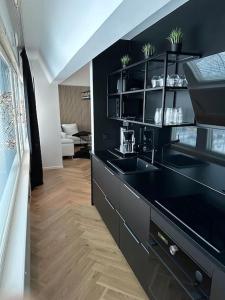 瓦萨Rewell Suite - Central location and nice view!的厨房配有黑色柜台和水槽