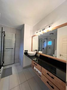 卡特勒博尔纳Cosy suite in the heart of Ebene的一间带水槽和镜子的浴室