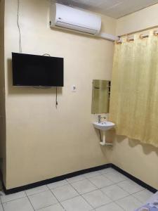 帕拉马里博Hotel Mangueira的一间带水槽的浴室和墙上的电视