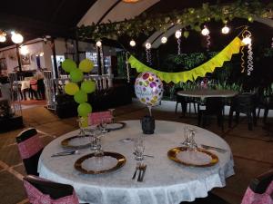 梅尔加坎佩斯特雷于迪别墅酒店的一张桌子,上面有白色的桌布和绿色的气球