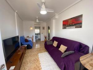奥里韦拉Saint James park 2 dormitorios的客厅配有紫色沙发和电视