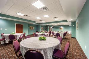 弗兰特罗亚尔弗朗特皇家希尔顿恒庭酒店的一间会议室,配有桌子和紫色椅子