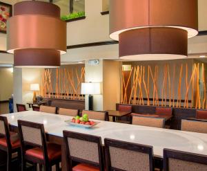 皮尔兰德克萨斯休斯顿佩尔兰汉普顿酒店的用餐室配有带一碗水果的桌子