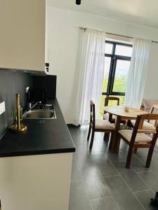 帕杰Island style 2-bedroom apartment with pool "Ilava Boma"的厨房配有水槽和桌椅