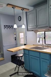 北迈尔斯堡Shroom life farm Chicken shack的一间设有蓝色橱柜和水槽的厨房