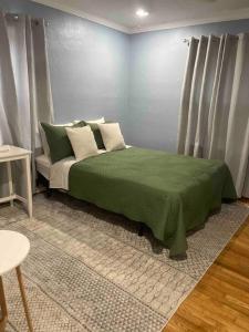 查塔努加Bluebird Abode Stand Alone House 3 Bed 2 Full Bath的一间卧室配有一张带绿床单和枕头的床。
