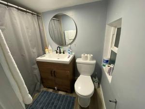 奥克兰Charming Victorian Vacation Rental - Walking Distance BART的一间带卫生间、水槽和镜子的浴室