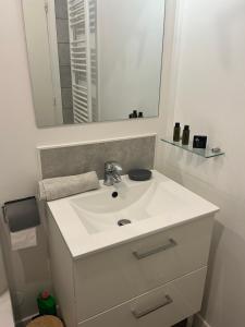 勒阿弗尔Vivez La vue mer - Studio - Port de plaisance - Plage的浴室设有白色水槽和镜子