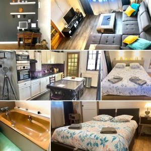 TournayLogements Un Coin de Bigorre - La Pyrénéenne - 130m2 - Canal plus, Netflix, Rmc Sport - Wifi fibre - Village campagne的厨房与卧室的照片拼合在一起