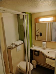 蒙吕松Hotel Inn Design Montluçon的一间带卫生间、水槽和镜子的浴室
