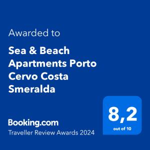 切尔沃港Sea & Beach Apartments Porto Cervo Costa Smeralda的手机的屏幕,文字升级到海和海滩公寓