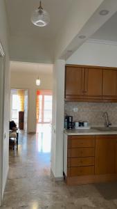 尼亚·蒙达尼亚Family Apartment的一间带木制橱柜的厨房和一间客厅
