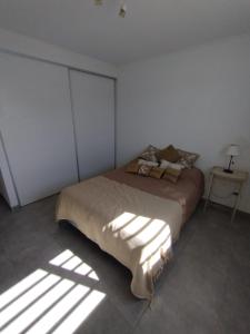 坦迪尔La Casita en Tandil的一间卧室,配有一张阳光明媚的床