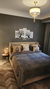 卡萨布兰卡Studio Haut standing Casa finance City Tour Vegetale Yasmine Signature Résidence的一间卧室配有一张大床和一个吊灯。
