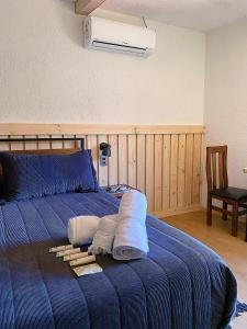 圣何塞德迈波La Petite France的一间卧室配有蓝色的床和毛巾