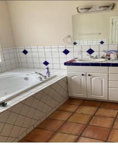 希尔斯伯勒Home sweet home的带浴缸、水槽和镜子的浴室