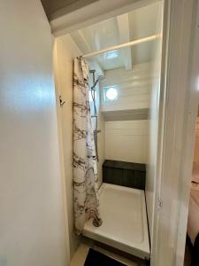 阿姆斯特丹Houseboat in Amsterdam的一间小浴室,内设淋浴帘
