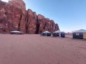 瓦迪拉姆Milky Way Nights Camp的一群帐篷在沙漠中石墙旁边