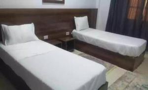 泰塔温hotel amilcar tataouine的配有衬衫的酒店客房内的两张床