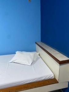 贝洛奥里藏特Hotel Angely的蓝色墙壁间的一张床位