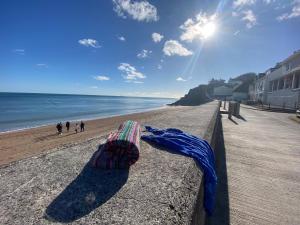 TorcrossBeachside, Torcross, between the Sea and the Ley的坐在海滩旁墙上的帽子